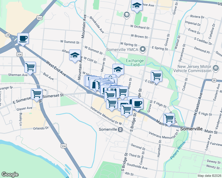 map of restaurants, bars, coffee shops, grocery stores, and more near 21-29 South Davenport Street in Somerville