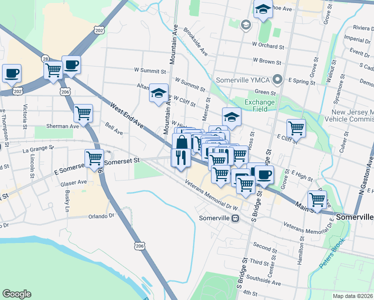 map of restaurants, bars, coffee shops, grocery stores, and more near 196 West Main Street in Somerville
