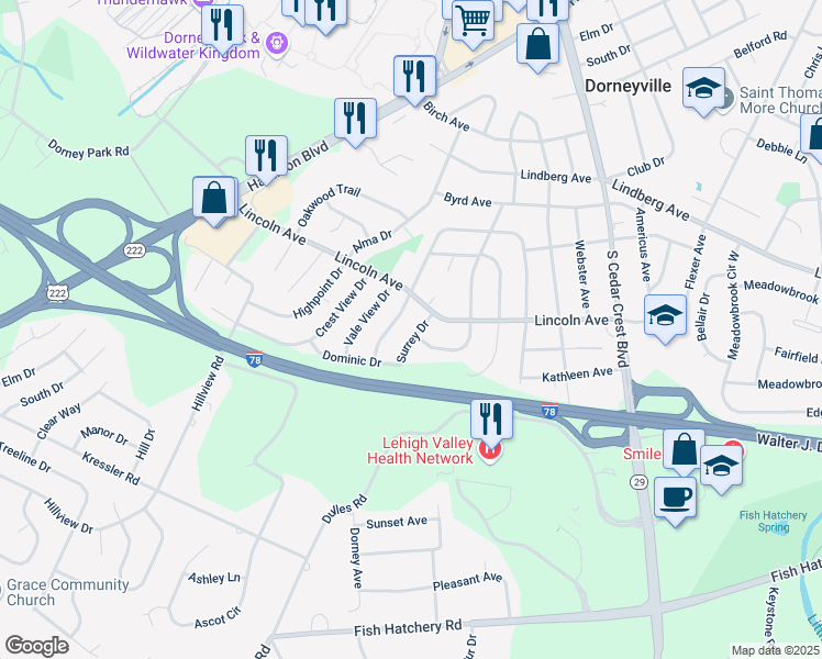 map of restaurants, bars, coffee shops, grocery stores, and more near 3730 Catherine Avenue in Allentown