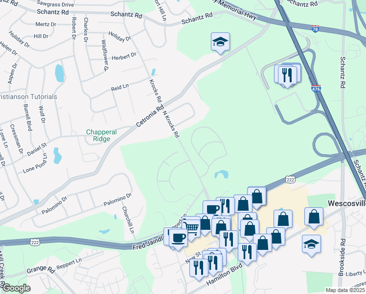 map of restaurants, bars, coffee shops, grocery stores, and more near st.John Avenue in Allentown