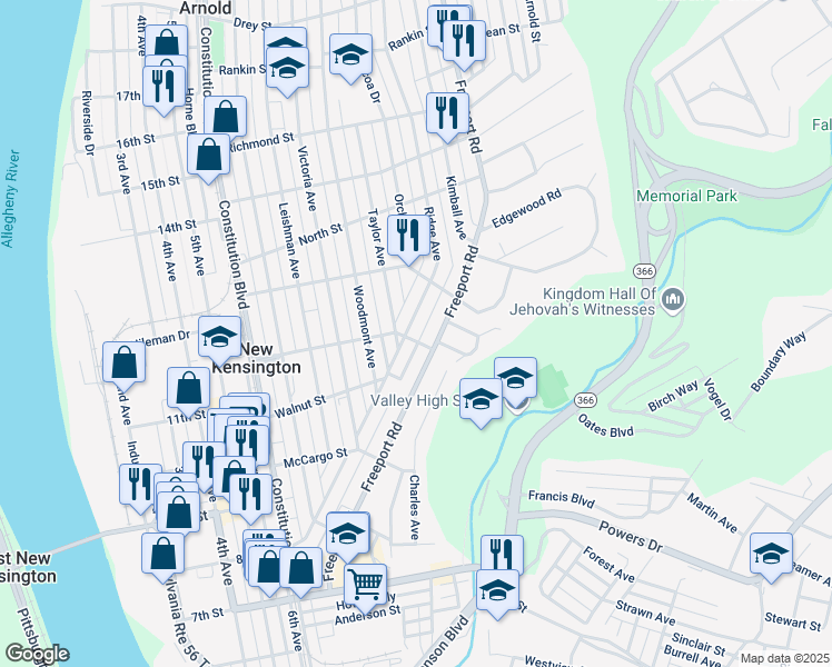 map of restaurants, bars, coffee shops, grocery stores, and more near 509 Freeport Road in New Kensington