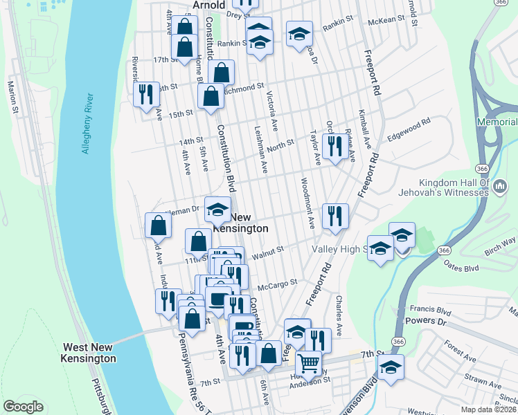 map of restaurants, bars, coffee shops, grocery stores, and more near 1223 Kenneth Avenue in New Kensington