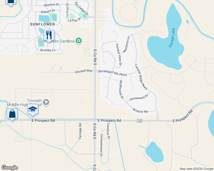 map of restaurants, bars, coffee shops, grocery stores, and more near 5270 Finian Court in Timnath