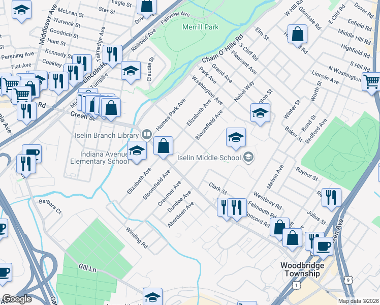 map of restaurants, bars, coffee shops, grocery stores, and more near 141 Bloomfield Avenue in Woodbridge Township