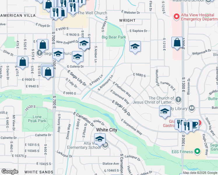 map of restaurants, bars, coffee shops, grocery stores, and more near 9958 Barium Lane in Sandy