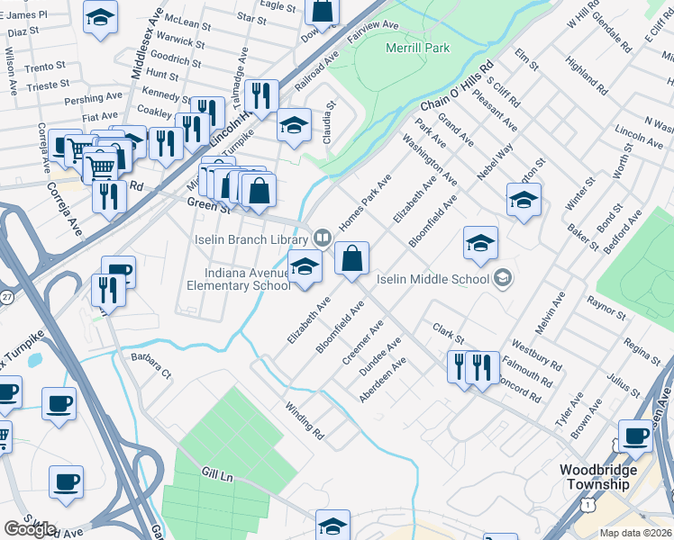 map of restaurants, bars, coffee shops, grocery stores, and more near 1053 Green Street in Woodbridge Township