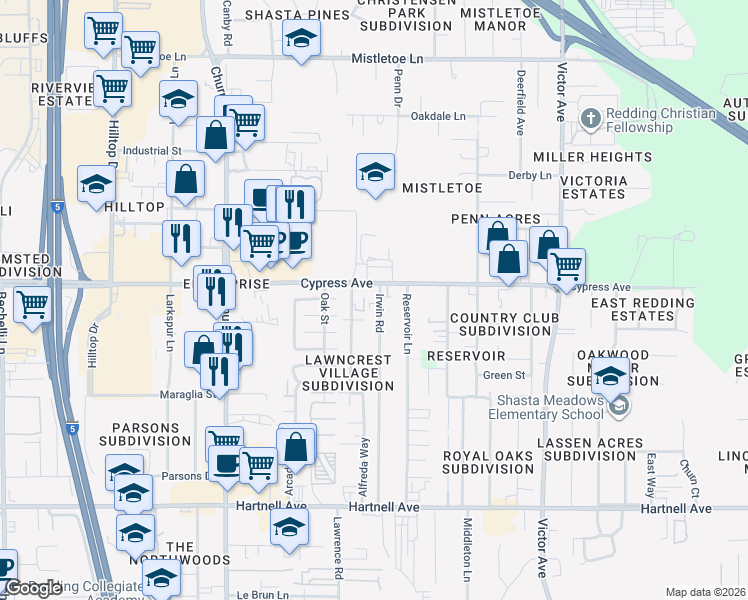 map of restaurants, bars, coffee shops, grocery stores, and more near 2528 Irwin Road in Redding