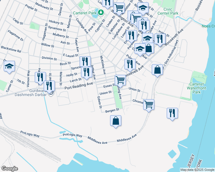 map of restaurants, bars, coffee shops, grocery stores, and more near 43 Essex Street in Carteret