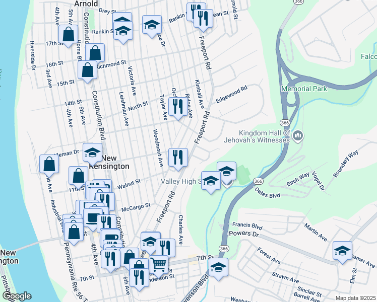 map of restaurants, bars, coffee shops, grocery stores, and more near 509 Freeport Road in New Kensington