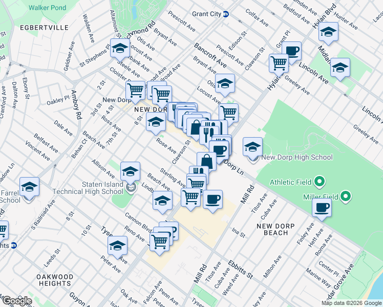 map of restaurants, bars, coffee shops, grocery stores, and more near 103 Coddington Avenue in Staten Island