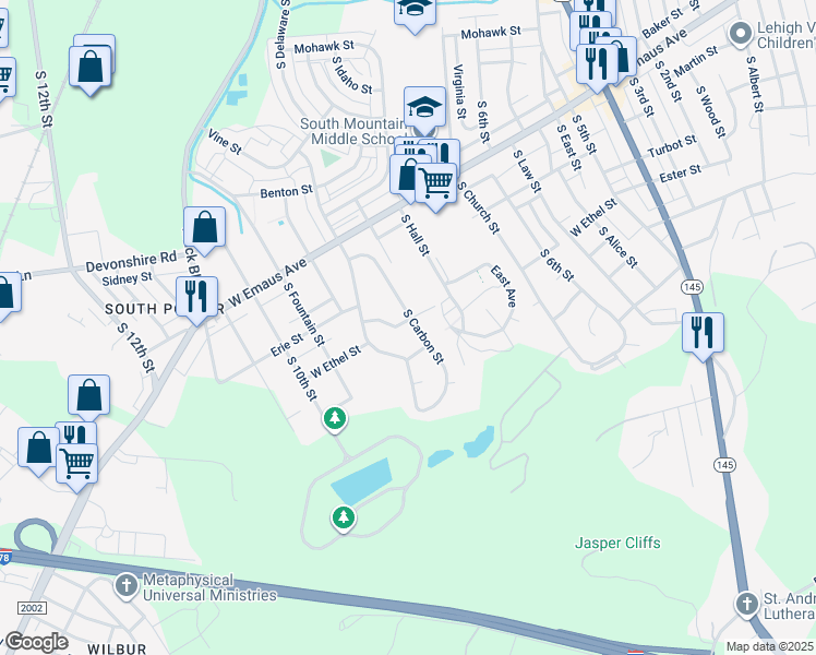 map of restaurants, bars, coffee shops, grocery stores, and more near 2440 South Carbon Street in Allentown