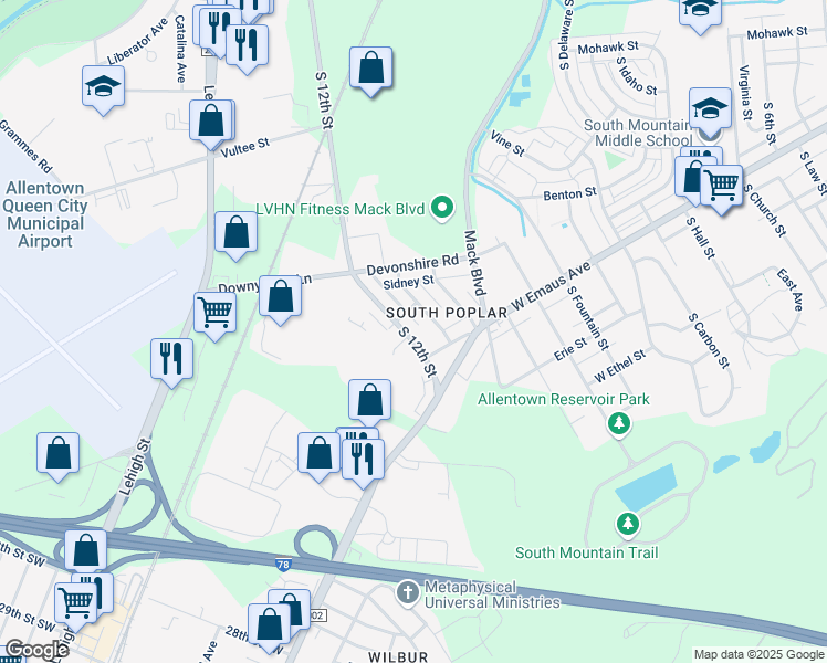map of restaurants, bars, coffee shops, grocery stores, and more near 2281 South 12th Street in Allentown