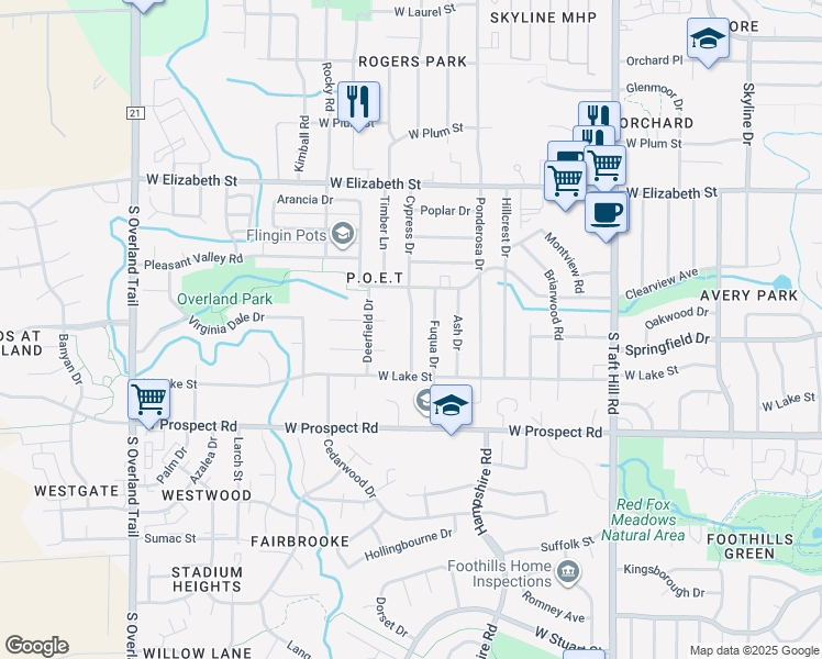 map of restaurants, bars, coffee shops, grocery stores, and more near 1123 Cypress Drive in Fort Collins