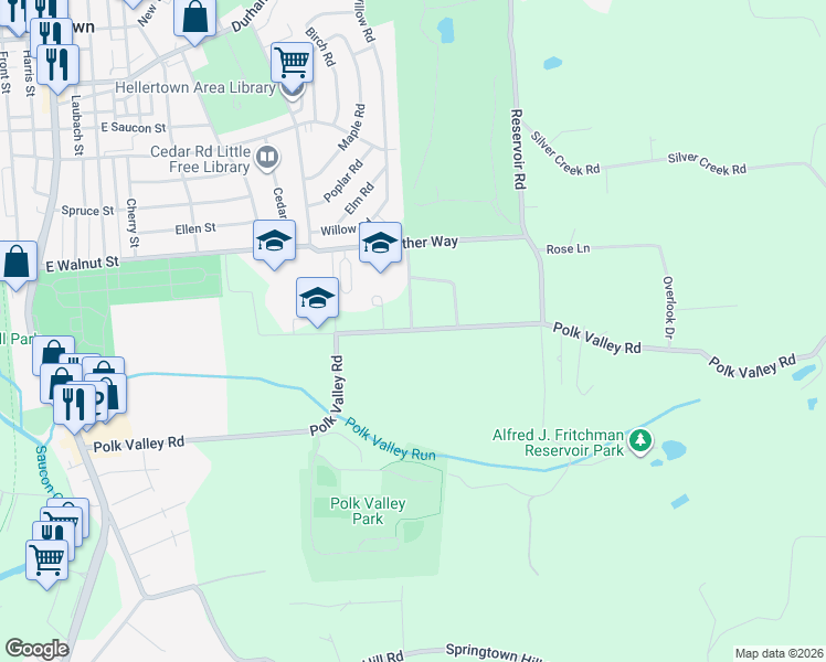 map of restaurants, bars, coffee shops, grocery stores, and more near 2100 Polk Valley Road in Hellertown