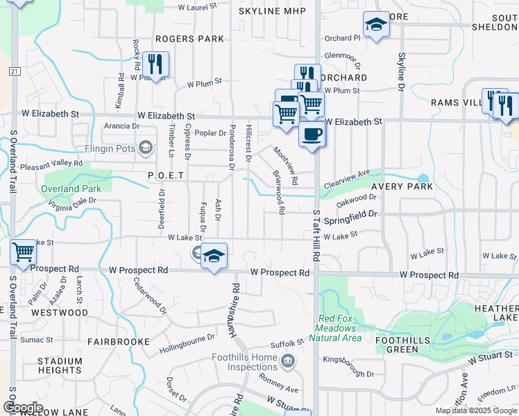 map of restaurants, bars, coffee shops, grocery stores, and more near 1213 Village Lane in Fort Collins
