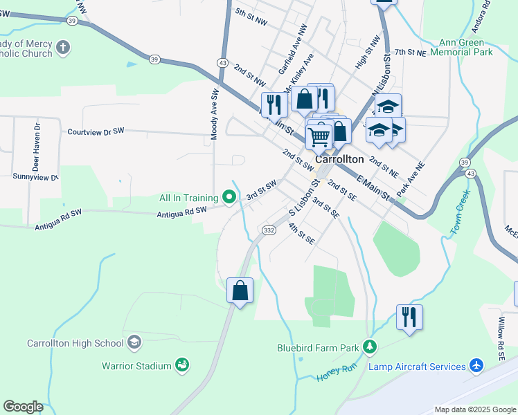 map of restaurants, bars, coffee shops, grocery stores, and more near 409 High Street Northwest in Carrollton