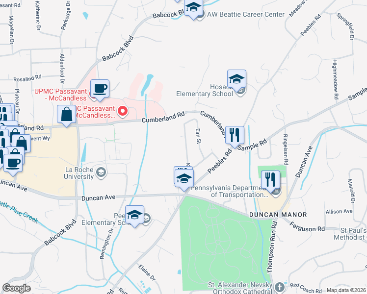 map of restaurants, bars, coffee shops, grocery stores, and more near 8979 Knoll Street in McCandless