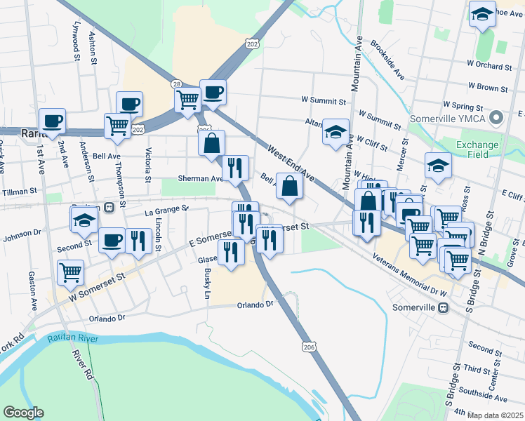 map of restaurants, bars, coffee shops, grocery stores, and more near R130 East Somerset Street in Somerville