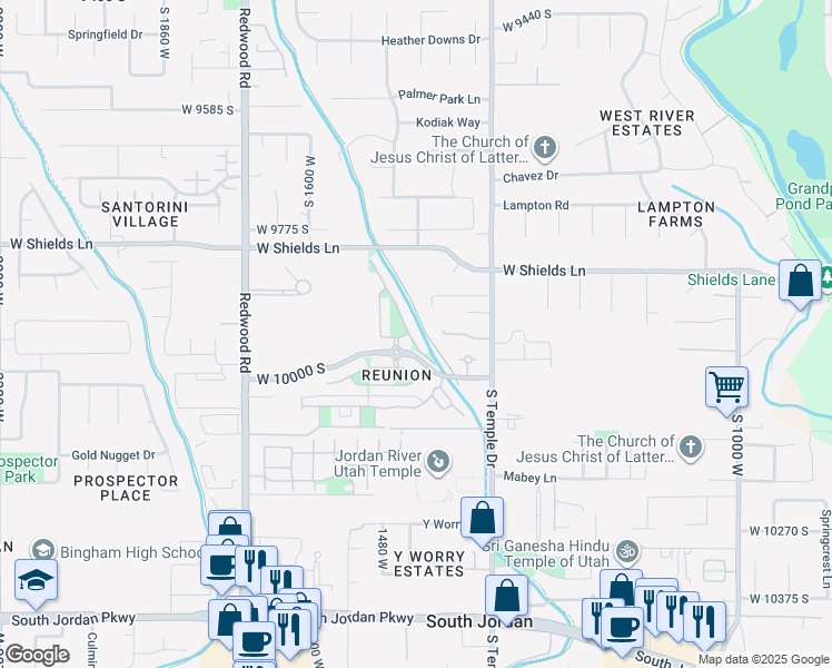 map of restaurants, bars, coffee shops, grocery stores, and more near 1397 9950 South in South Jordan