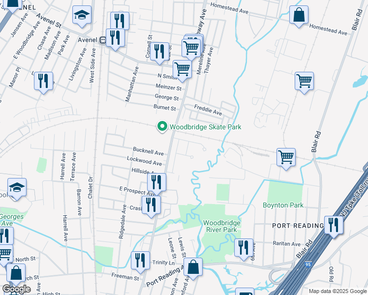 map of restaurants, bars, coffee shops, grocery stores, and more near 1203 Duke Drive in Woodbridge Township