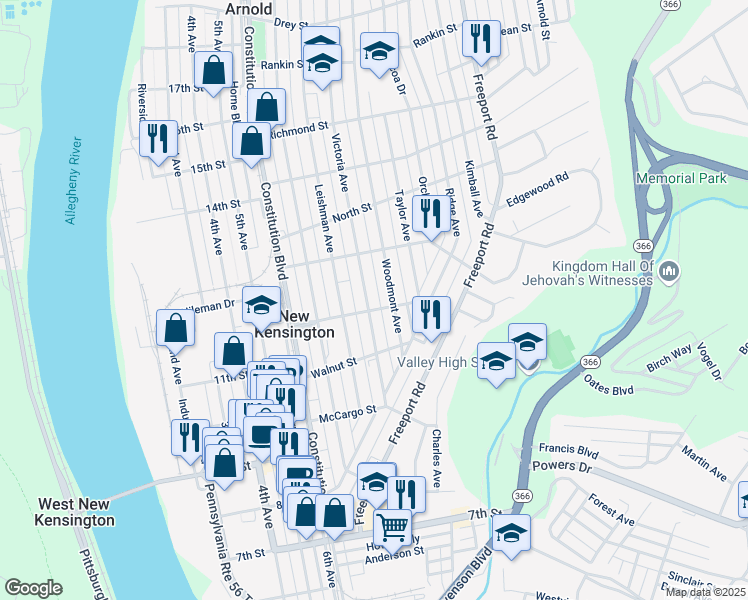 map of restaurants, bars, coffee shops, grocery stores, and more near 1210 Victoria Avenue in New Kensington