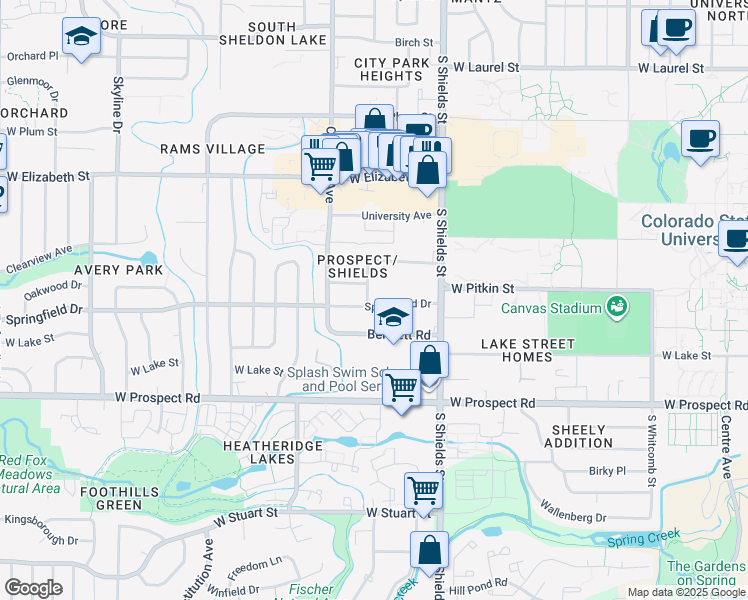 map of restaurants, bars, coffee shops, grocery stores, and more near 1220 Springfield Drive in Fort Collins