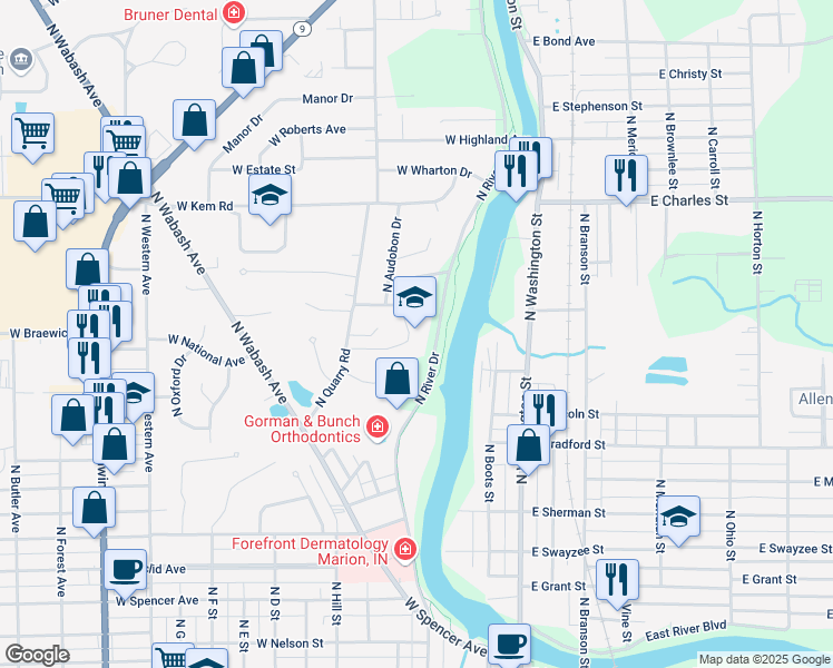 map of restaurants, bars, coffee shops, grocery stores, and more near 513 West Buckingham Drive in Marion