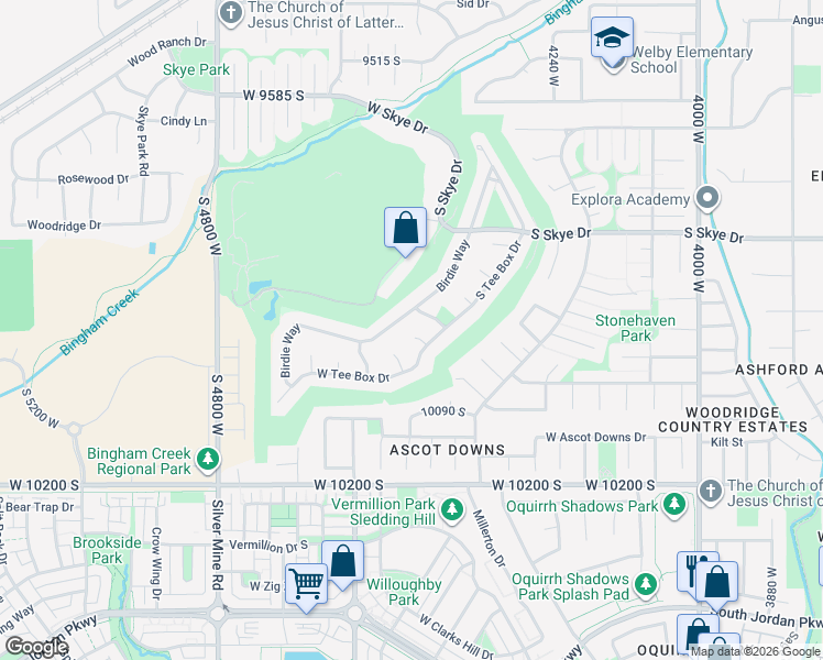 map of restaurants, bars, coffee shops, grocery stores, and more near 4478 Bogey Cir in South Jordan