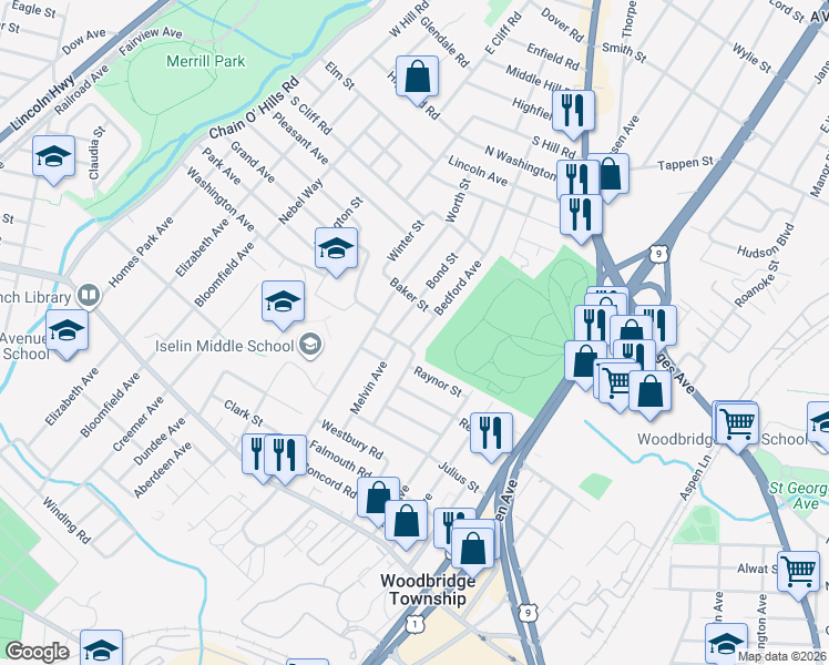 map of restaurants, bars, coffee shops, grocery stores, and more near 148 Bedford Avenue in Woodbridge Township