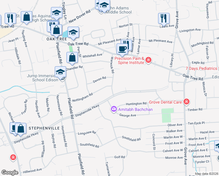 map of restaurants, bars, coffee shops, grocery stores, and more near 6 Warwick Road in Edison