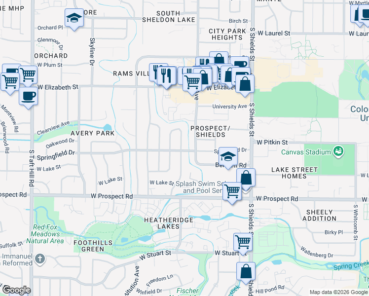 map of restaurants, bars, coffee shops, grocery stores, and more near 1224 Lynnwood Drive in Fort Collins