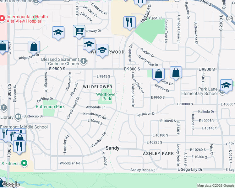 map of restaurants, bars, coffee shops, grocery stores, and more near 1870 Arborfield Circle in Sandy