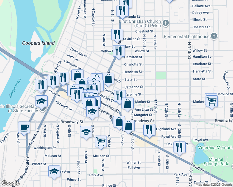 map of restaurants, bars, coffee shops, grocery stores, and more near 613 Caroline Street in Pekin