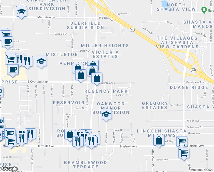 map of restaurants, bars, coffee shops, grocery stores, and more near 2513 Sabre Court in Redding