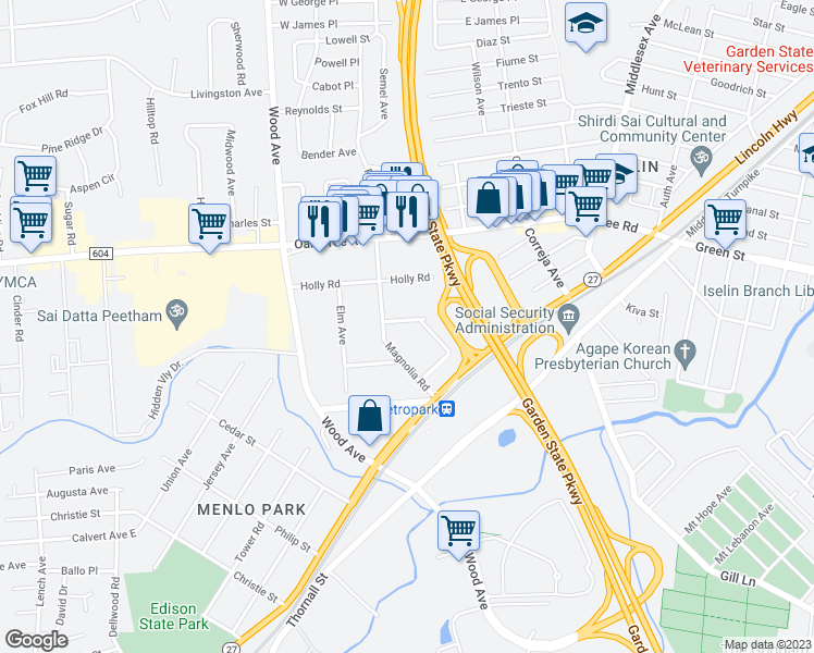 map of restaurants, bars, coffee shops, grocery stores, and more near 19 Maple Road in Woodbridge Township