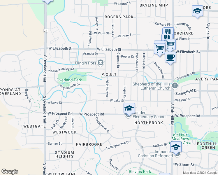 map of restaurants, bars, coffee shops, grocery stores, and more near 2525 Flintridge Place in Fort Collins