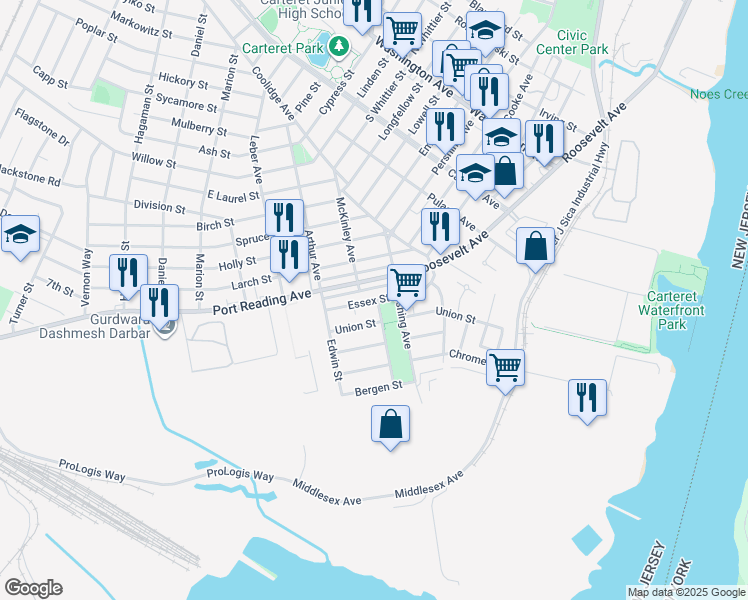 map of restaurants, bars, coffee shops, grocery stores, and more near 63 Essex Street in Carteret