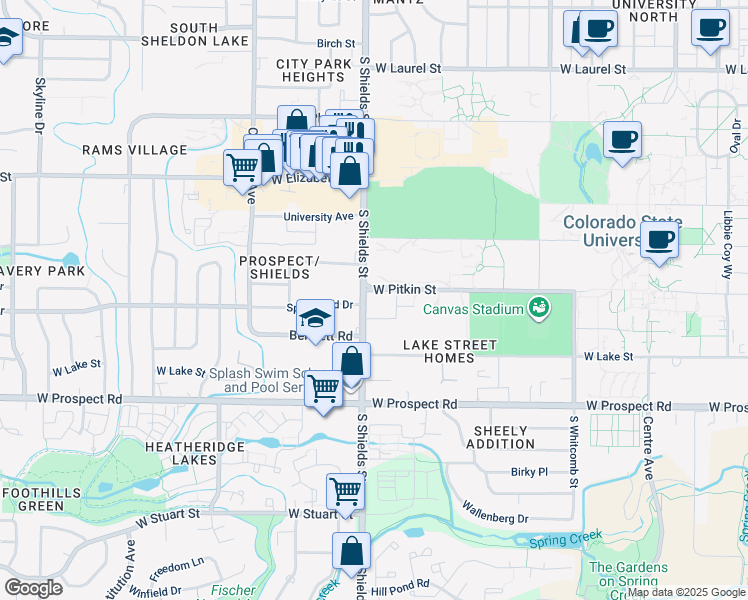 map of restaurants, bars, coffee shops, grocery stores, and more near 1302 South Shields Street in Fort Collins