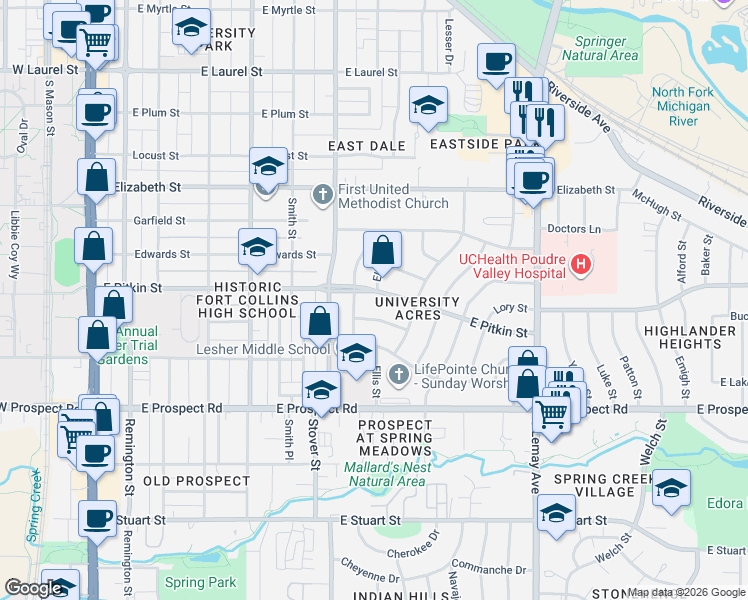 map of restaurants, bars, coffee shops, grocery stores, and more near in Fort Collins