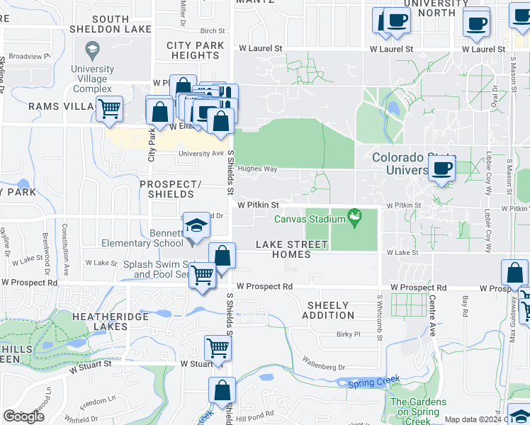 map of restaurants, bars, coffee shops, grocery stores, and more near 928 James Court in Fort Collins