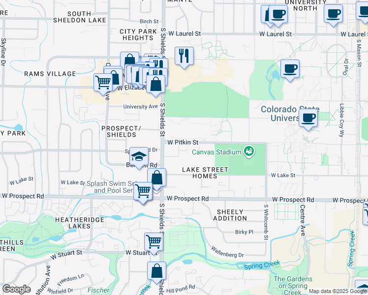 map of restaurants, bars, coffee shops, grocery stores, and more near 928 James Court in Fort Collins