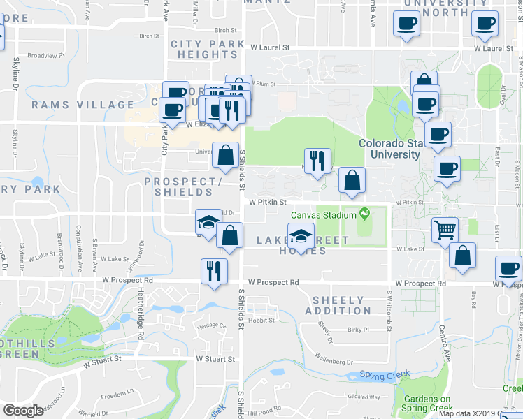 map of restaurants, bars, coffee shops, grocery stores, and more near 928 James Court in Fort Collins