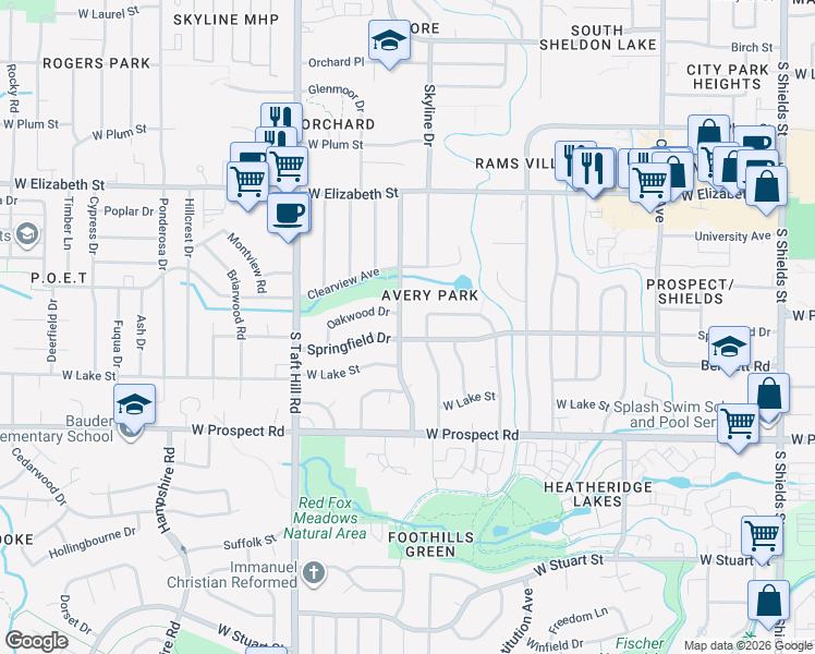 map of restaurants, bars, coffee shops, grocery stores, and more near 1210 Castlerock Drive in Fort Collins