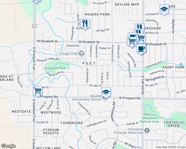 map of restaurants, bars, coffee shops, grocery stores, and more near 1123 Cypress Drive in Fort Collins