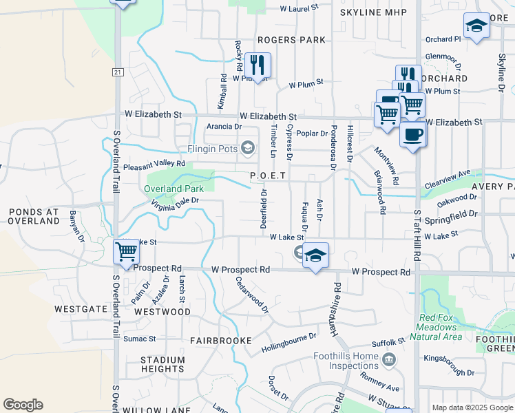 map of restaurants, bars, coffee shops, grocery stores, and more near 2525 Flintridge Place in Fort Collins