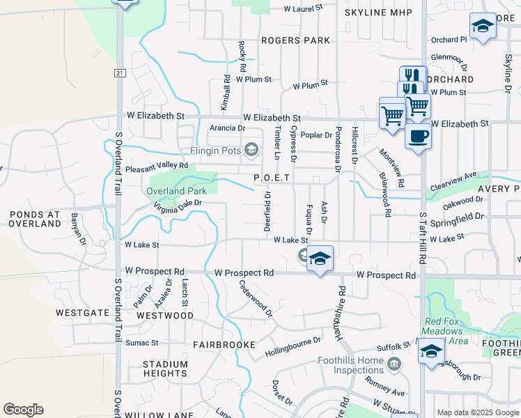 map of restaurants, bars, coffee shops, grocery stores, and more near 2525 Flintridge Place in Fort Collins