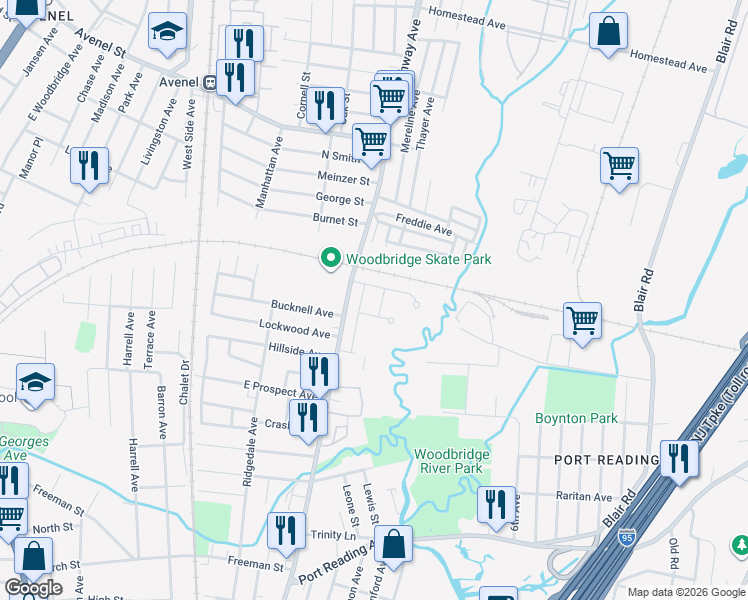 map of restaurants, bars, coffee shops, grocery stores, and more near 1203 Duke Drive in Woodbridge Township