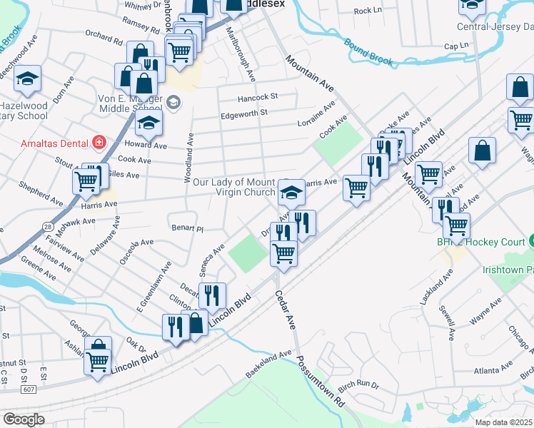 map of restaurants, bars, coffee shops, grocery stores, and more near 428 Seneca Avenue in Middlesex