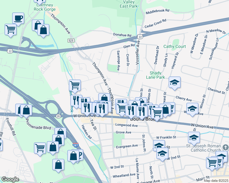 map of restaurants, bars, coffee shops, grocery stores, and more near 431 William Street in Bound Brook
