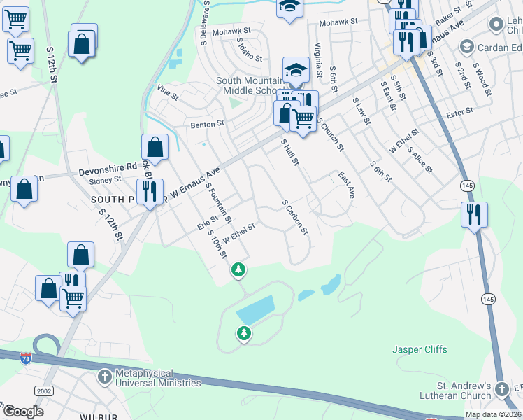 map of restaurants, bars, coffee shops, grocery stores, and more near 2415 South Lumber Street in Allentown